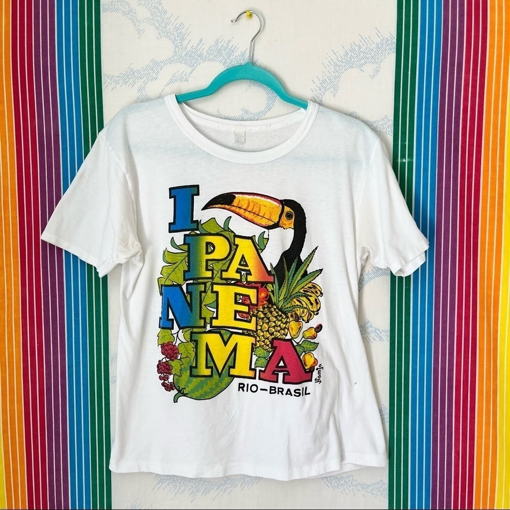 VINTAGE 70s Ipanema beach brasil tourist travel tee tshirt medium fruit toucan